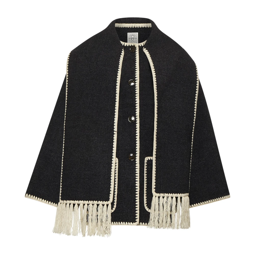 Totême Women's Black Grey Wool Coat With Fringe Scarf Medium