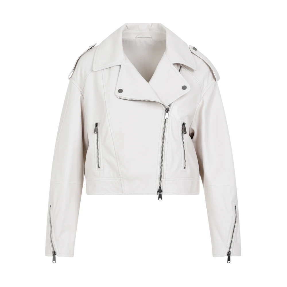 Brunello Cucinelli Vit Läder Bikerjacka White, Dam