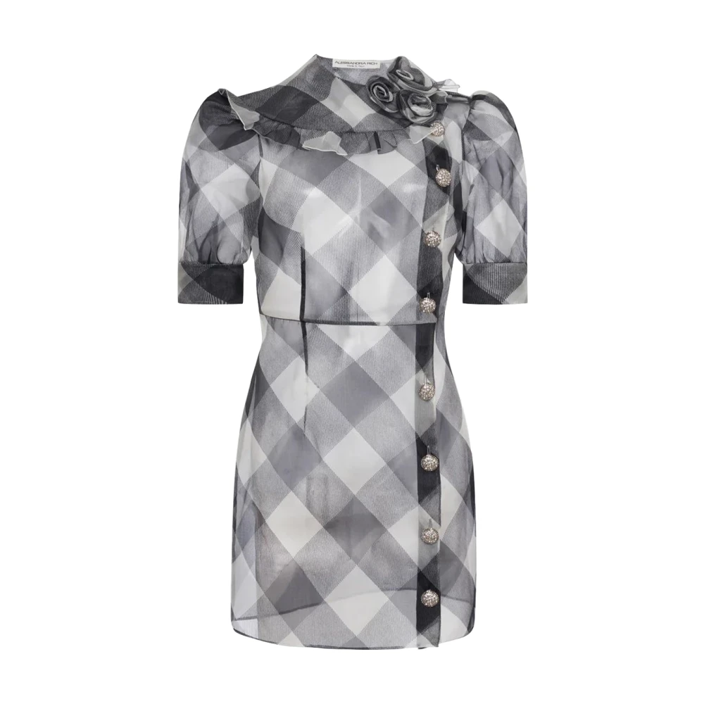 Alessandra Rich Zijden Organza Mini Jurk in Geruit Patroon Black Dames