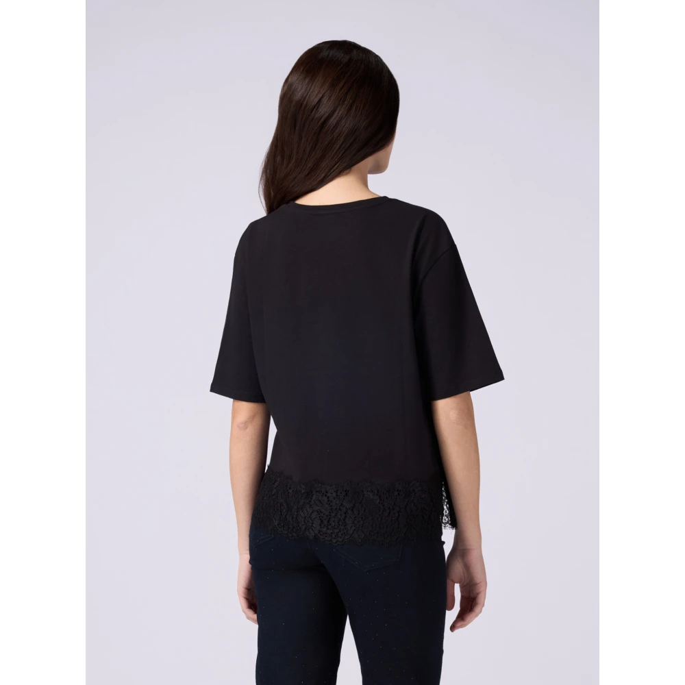 Oltre T-shirt met kant en letterapplicatie Black Dames