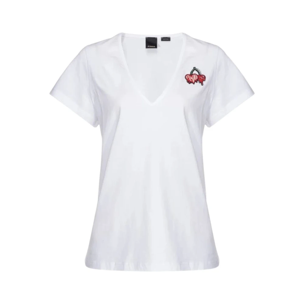 Pinko Kersen Geborduurd Katoenen T-shirt White Dames
