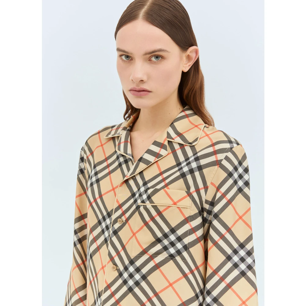 Burberry Zijden Geruite Pyjama Shirt Beige Dames