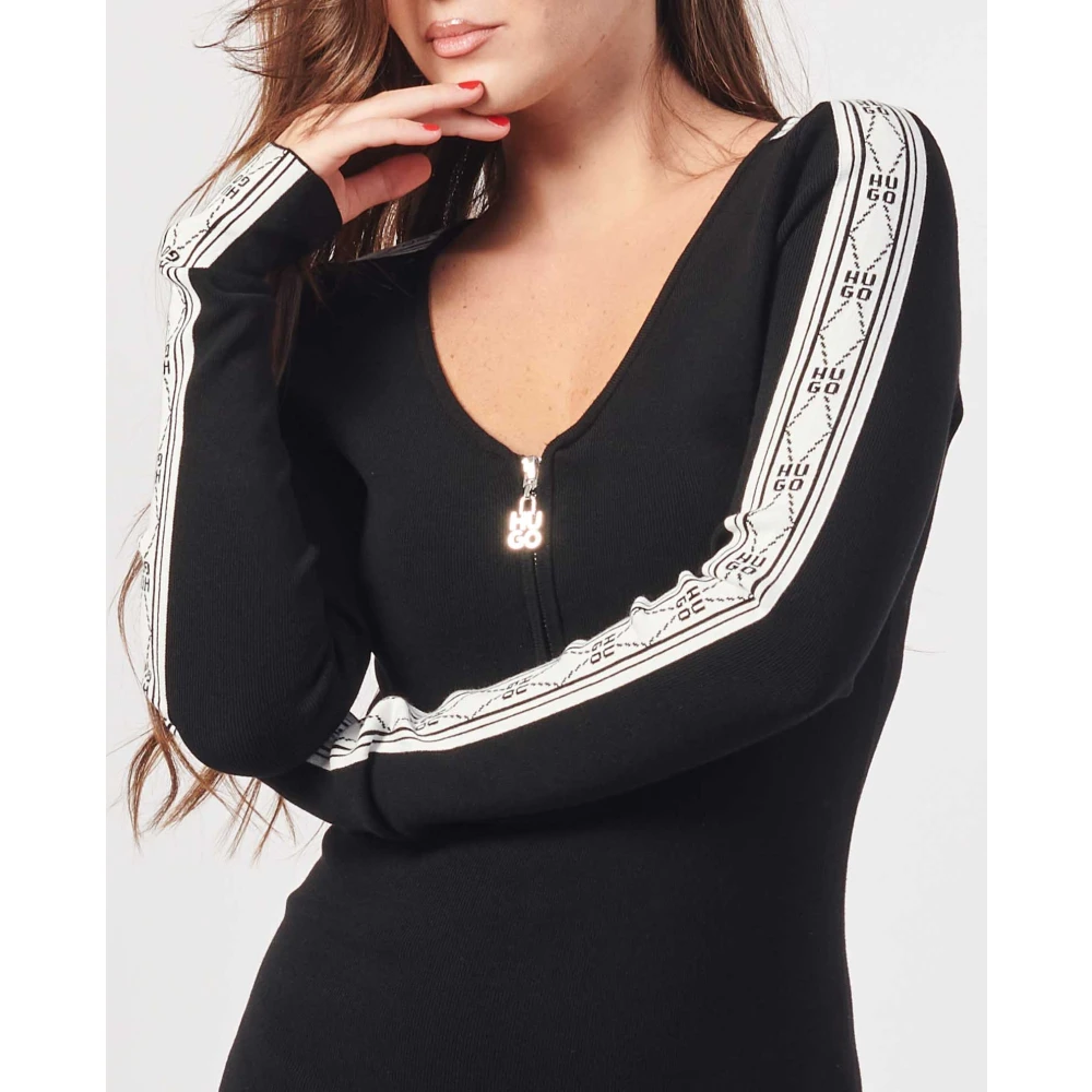 Hugo Boss Zwarte Gebreide Jurk met Wijde Halslijn Black Dames
