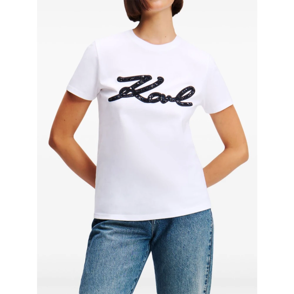 Karl Lagerfeld Witte Geborduurde Handtekening T-Shirt White Dames