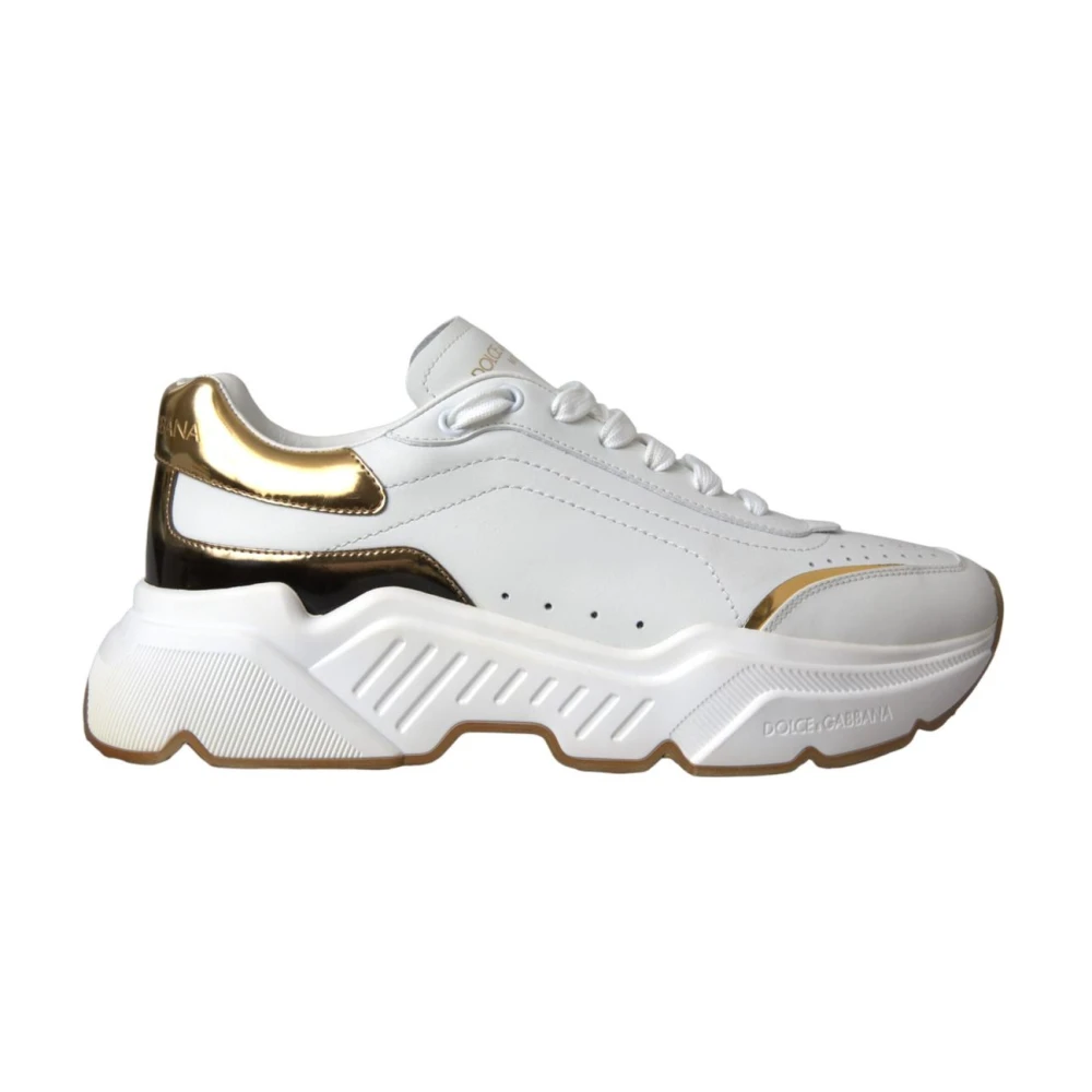 Dolce & Gabbana Women's White Sneakers, 7 Uk, Gold Detail Leather Trainers