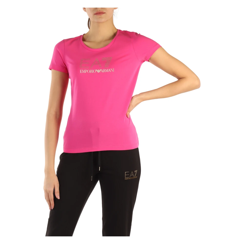 Emporio Armani EA7 Katoenen en Modale T-shirt met Strass Logo Pink Dames
