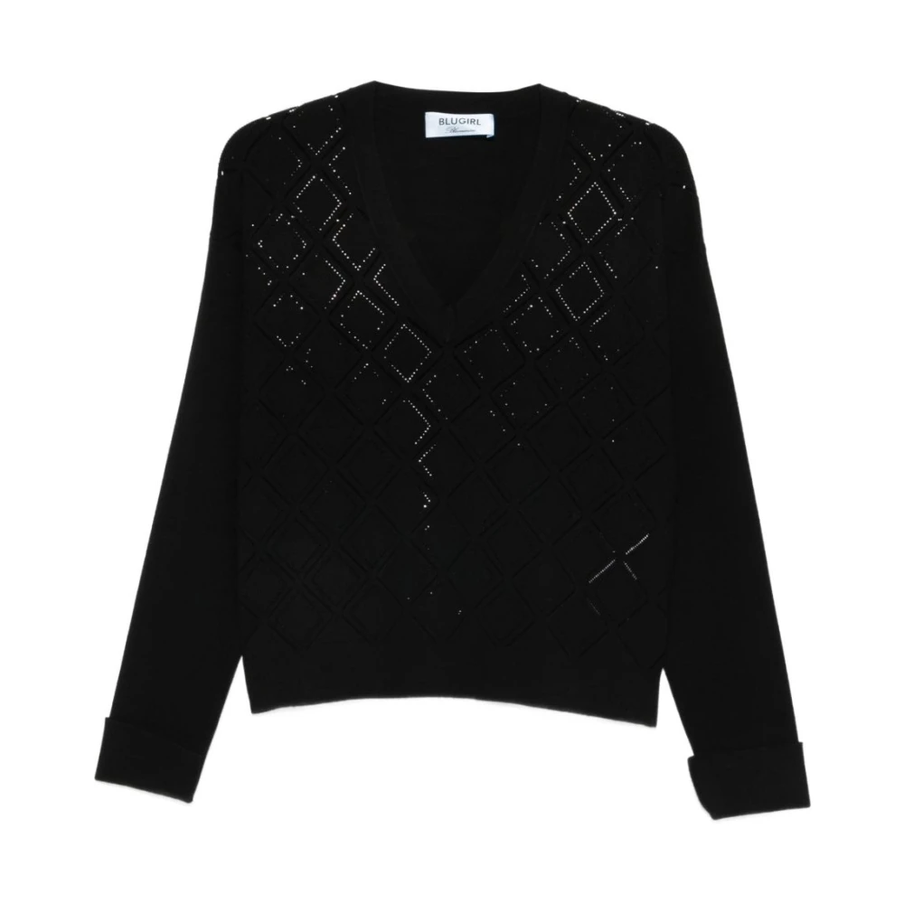 Blugirl Women's Black V-Neck Sweater Geometric Pattern