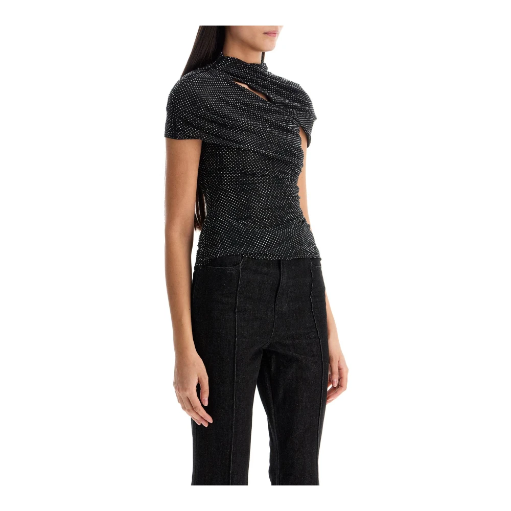 Self Portrait Rhinestone Mesh Draped Cut-Out Top Black Dames