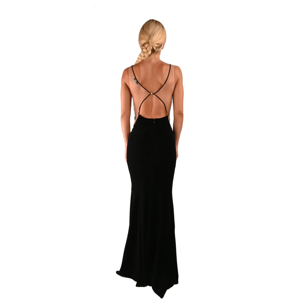 Elisabetta Franchi Fluwelen Lange Jurk met Doorschijnende Details Black Dames