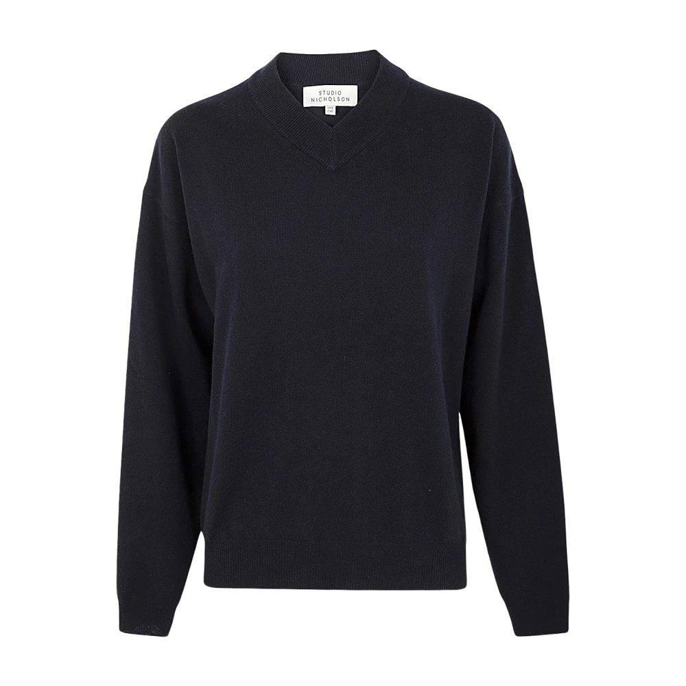 Studio Nicholson Donkerste Navy V-Hals Trui Blue Dames
