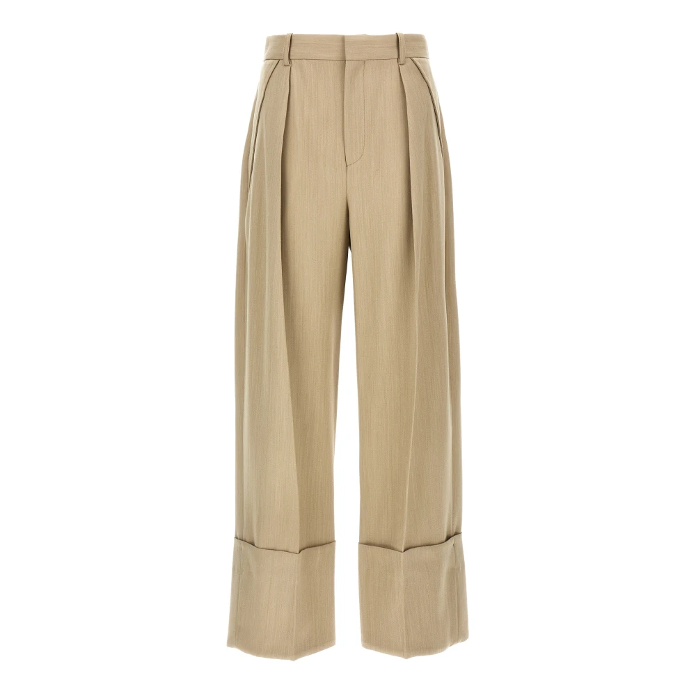 Victoria Beckham Women's Beige Wide Leg Turn-Up Trouser