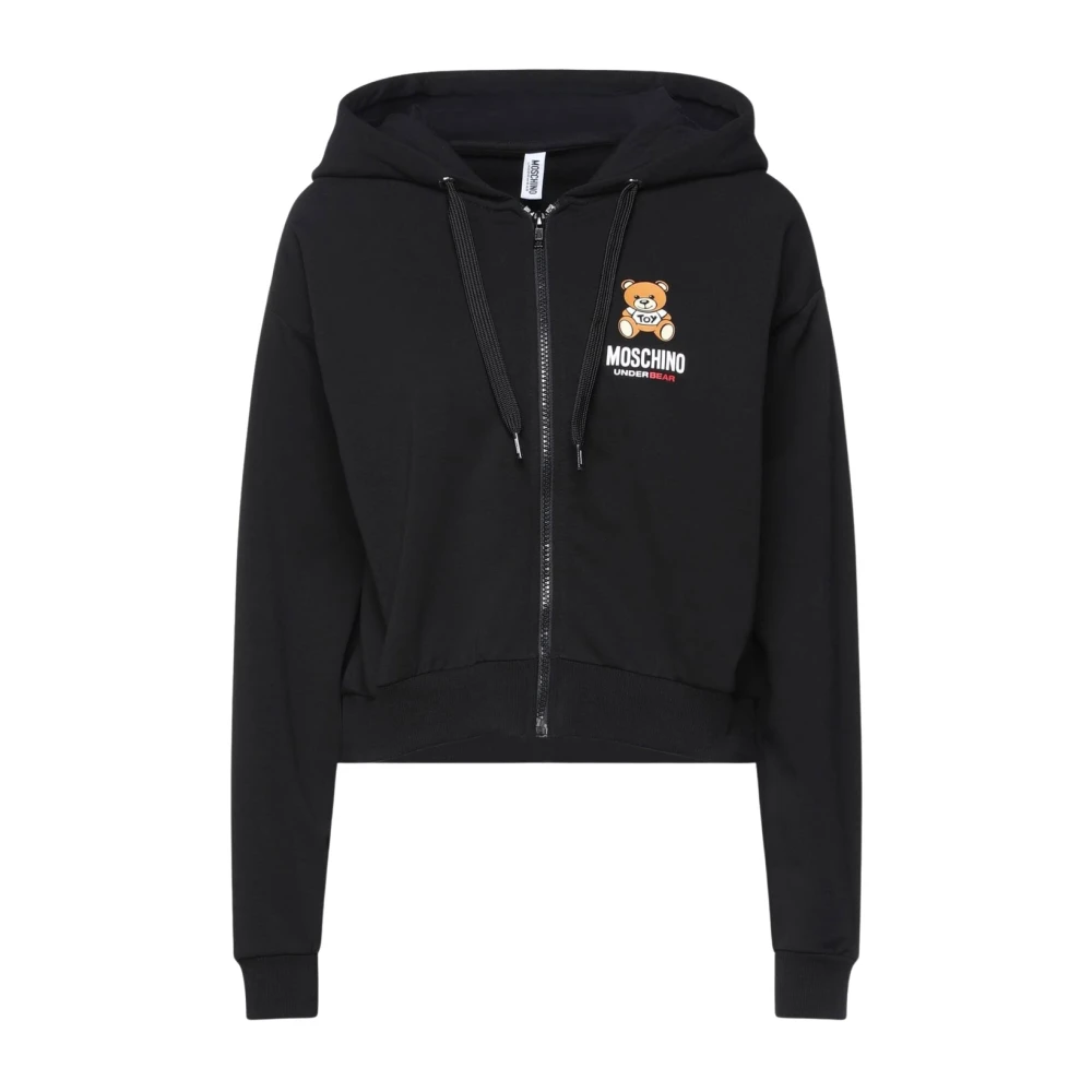 Moschino Women's Black Zip-Throughs, M, Teddy Logo Bear Cotton Fleece Zip-Through