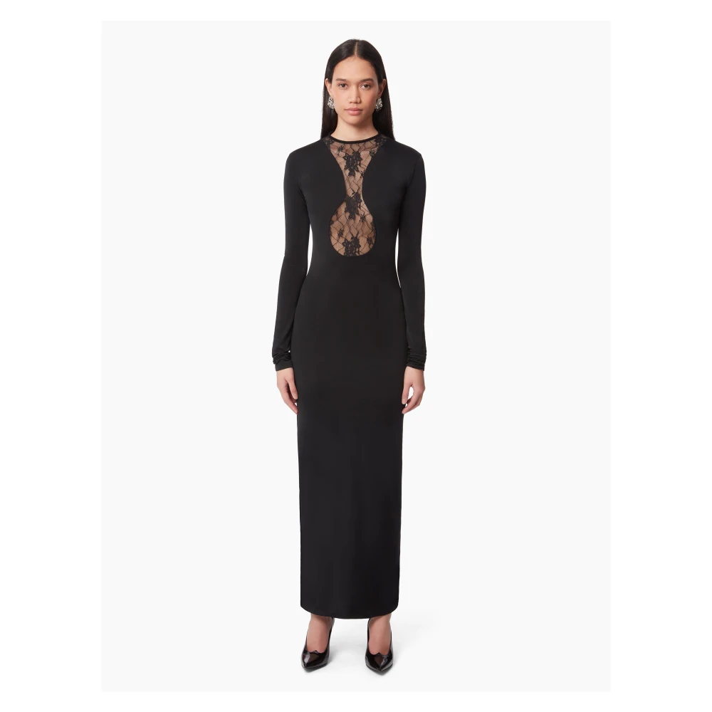 Nina Ricci Zwarte Kant Inzet Lange Jurk Black Dames