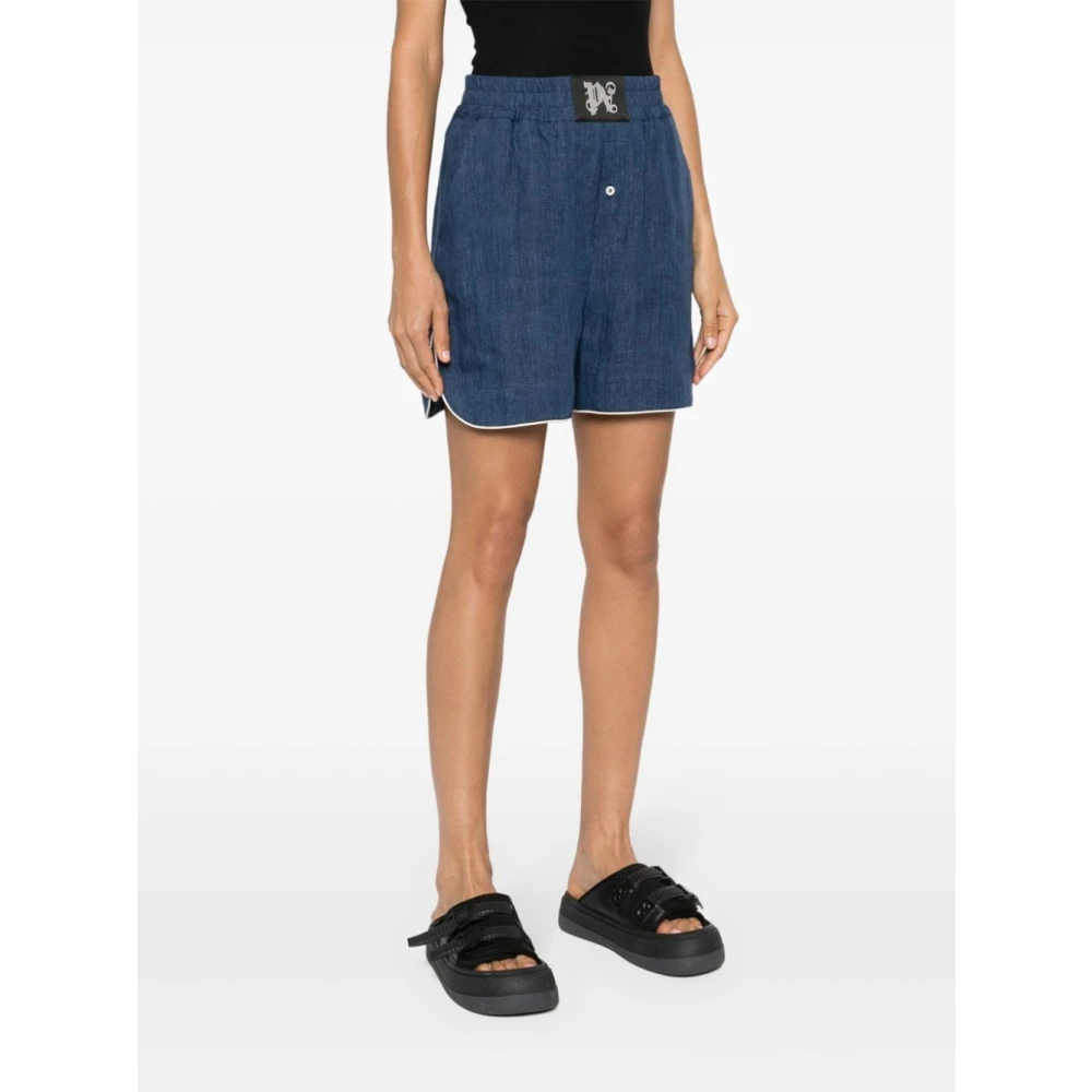 Palm Angels Blauwe Logo Patch Elastische Shorts Blue Dames