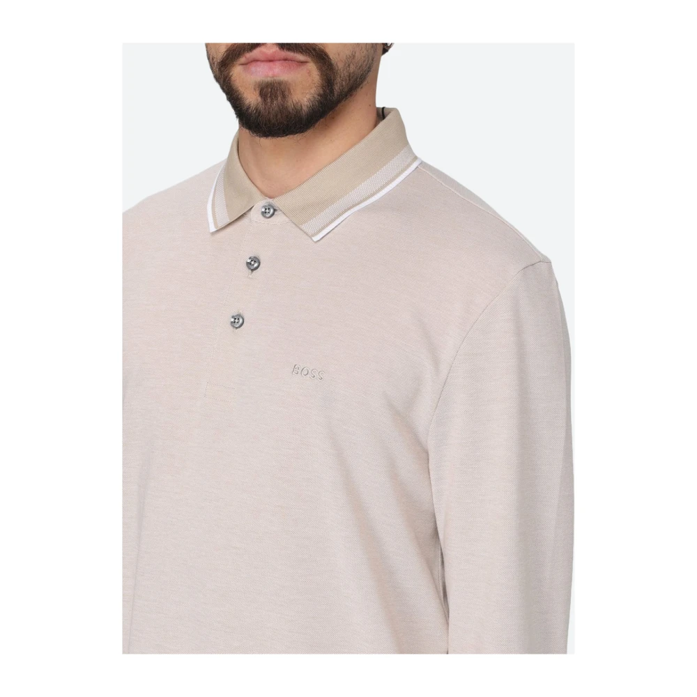 Hugo Boss Lange mouw katoenen poloshirt Beige Heren