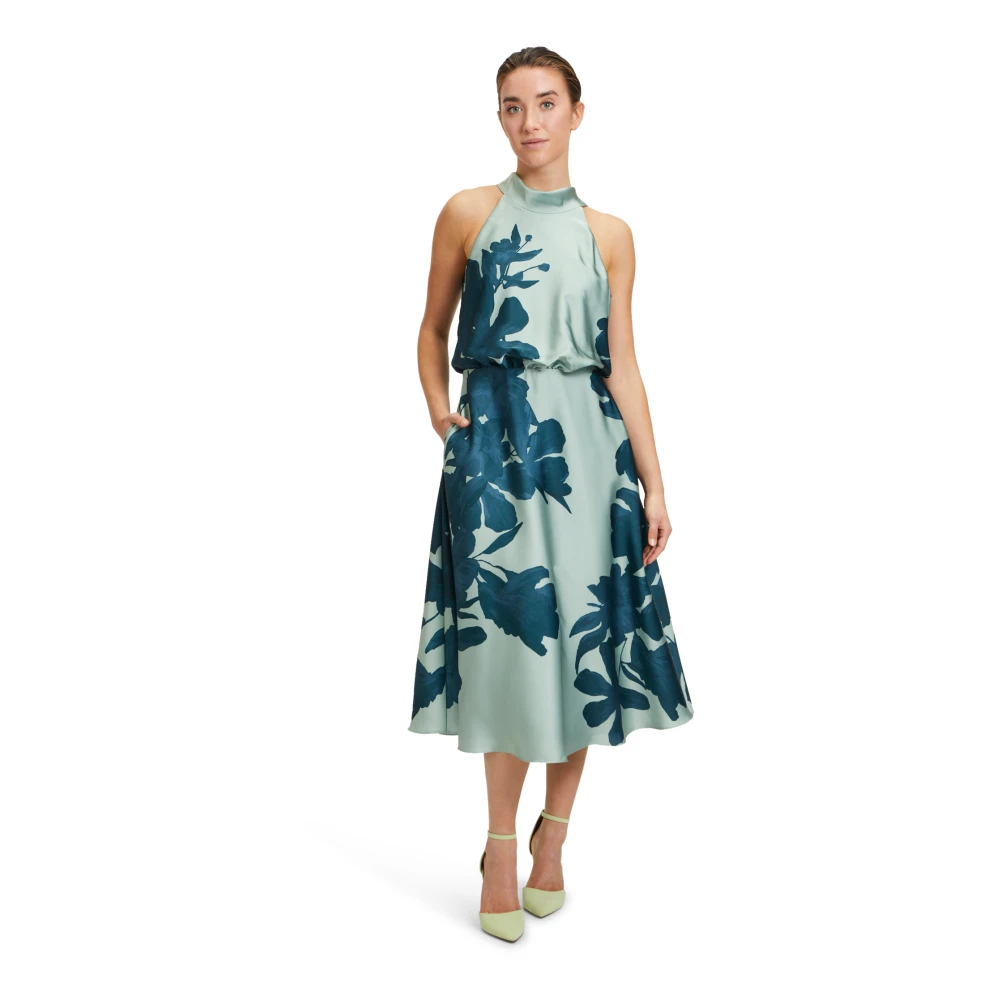 Vera Mont Satin Cocktailjurk met Opstaande Kraag Green Dames