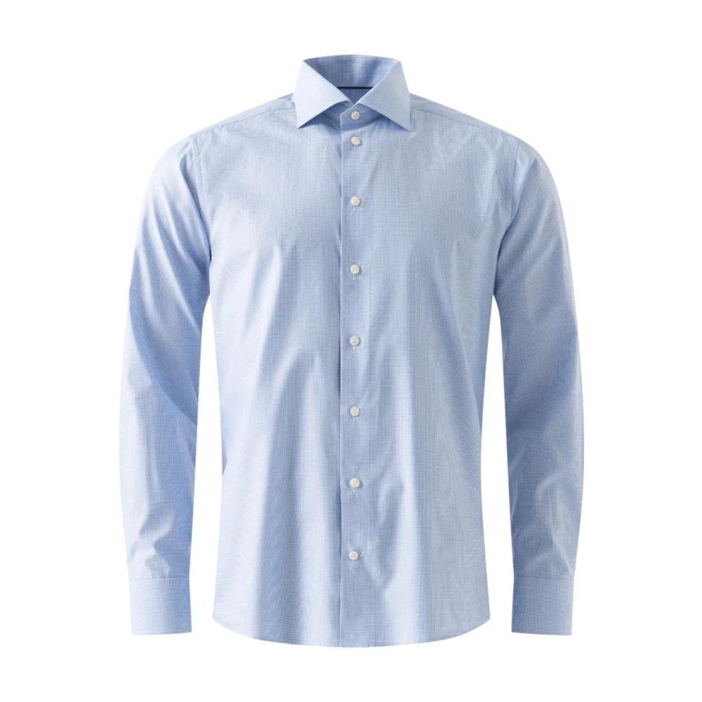 Eton Blauw Geruit Twill Overhemd Eigentijdse Stijl Blue Heren