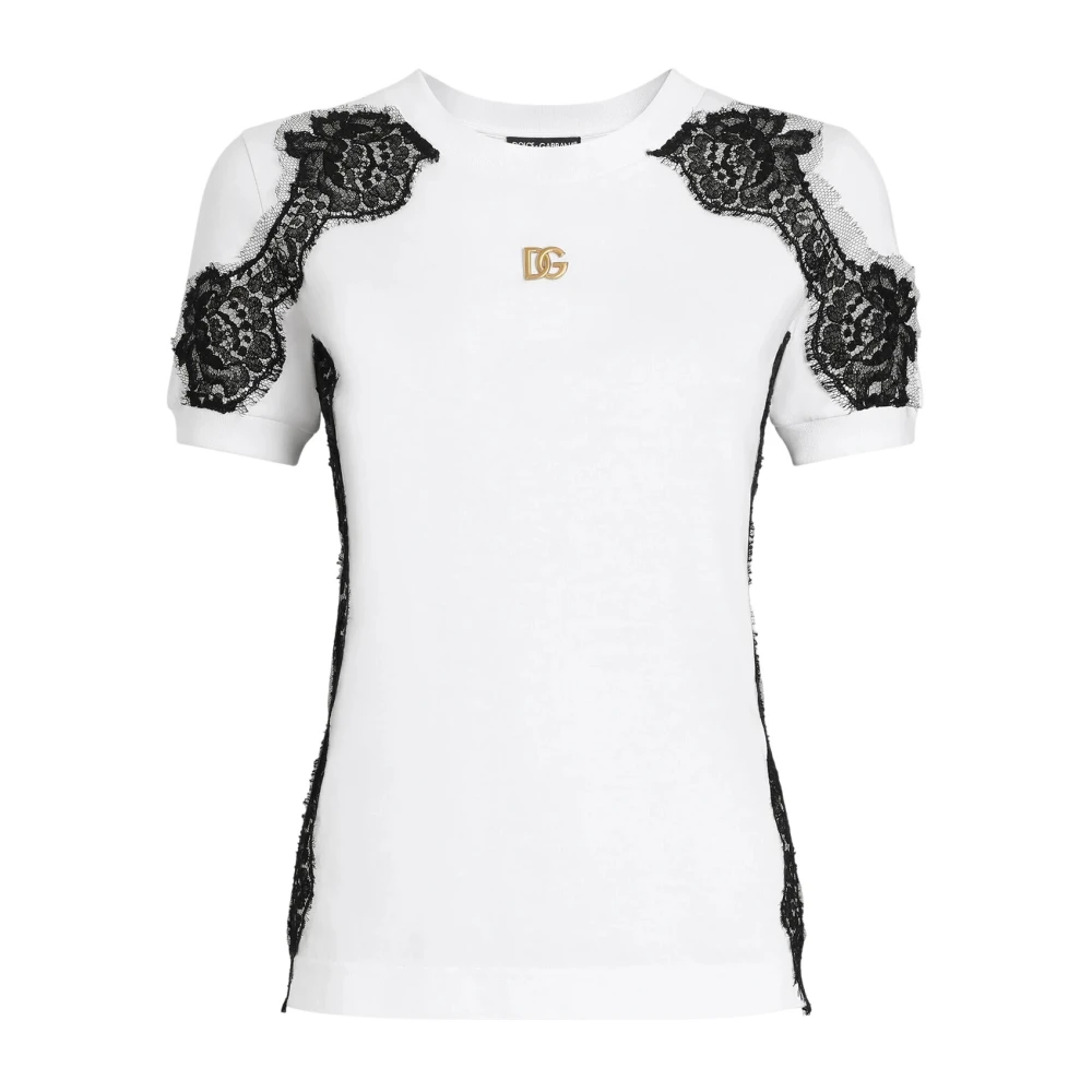 Dolce & Gabbana Women's White T-Shirts, L, Jersey T-Shirt With Lace Details
