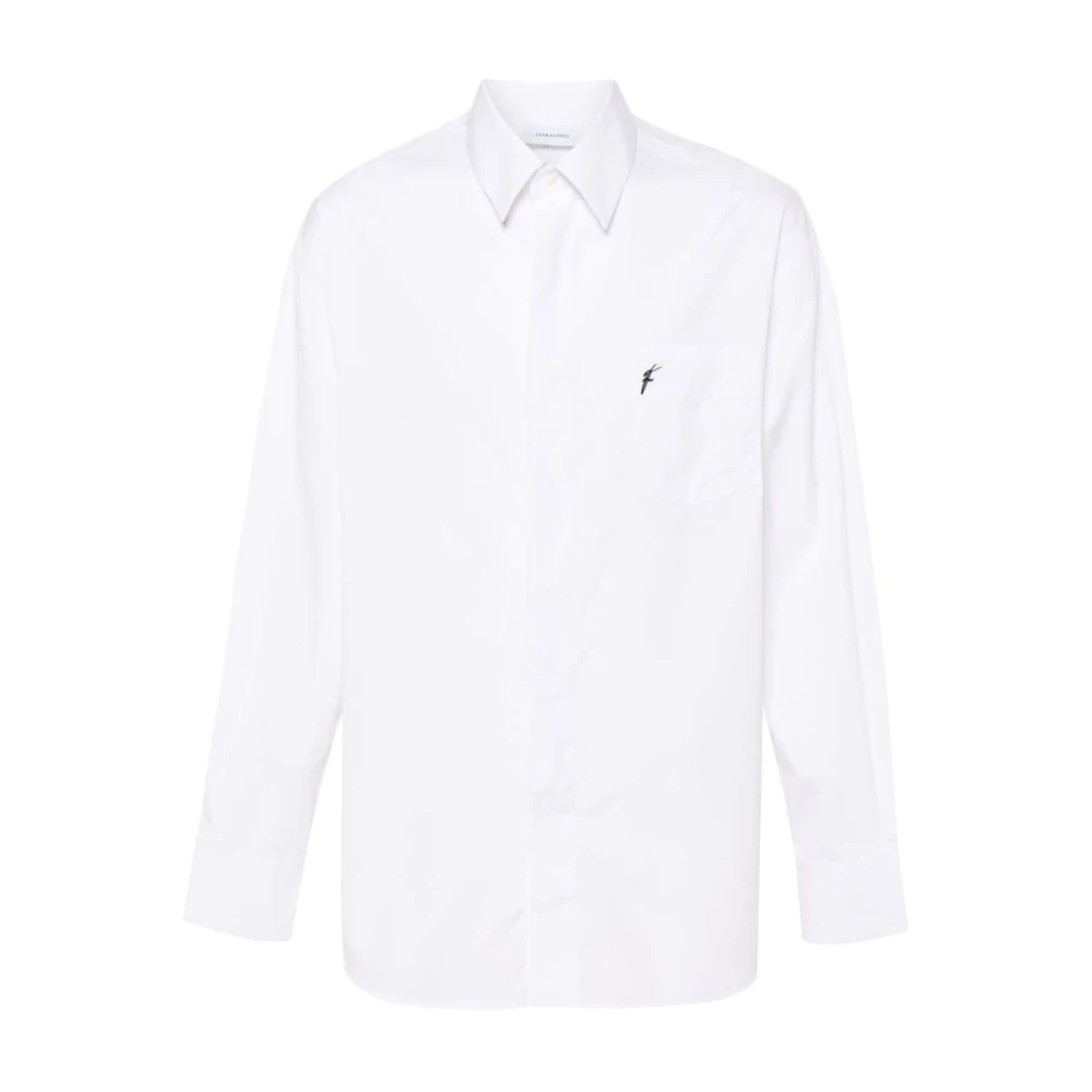 Salvatore Ferragamo Geborduurde Poplin Overhemd Klassieke Kraag White Heren