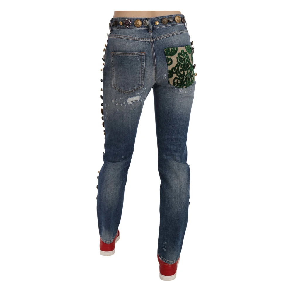 Dolce & Gabbana Kristalversierde Versleten Denim Jeans Blue Dames