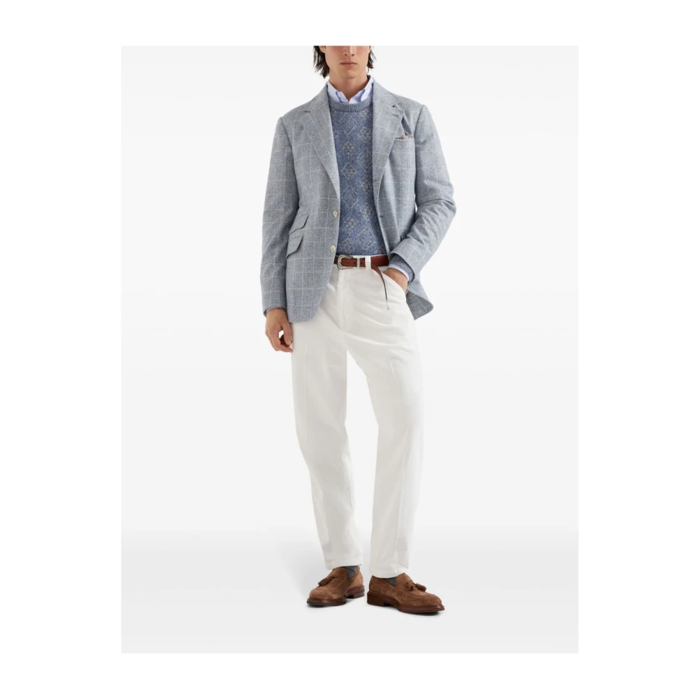 BRUNELLO CUCINELLI Blauw Geruit Patroon Zijde Blazer Blue Heren