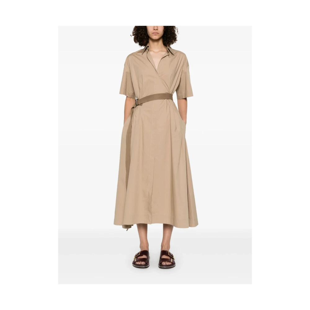 BRUNELLO CUCINELLI Lichtbruine V-hals Jurk met Zakken Brown Dames