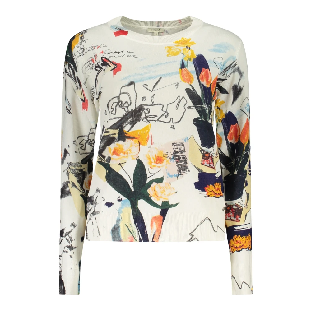 Desigual Women's White Round-Neck Knitwear, Xs, Nantes Crew Neck Long-Sleeved Patterned T-Shirt With Logo