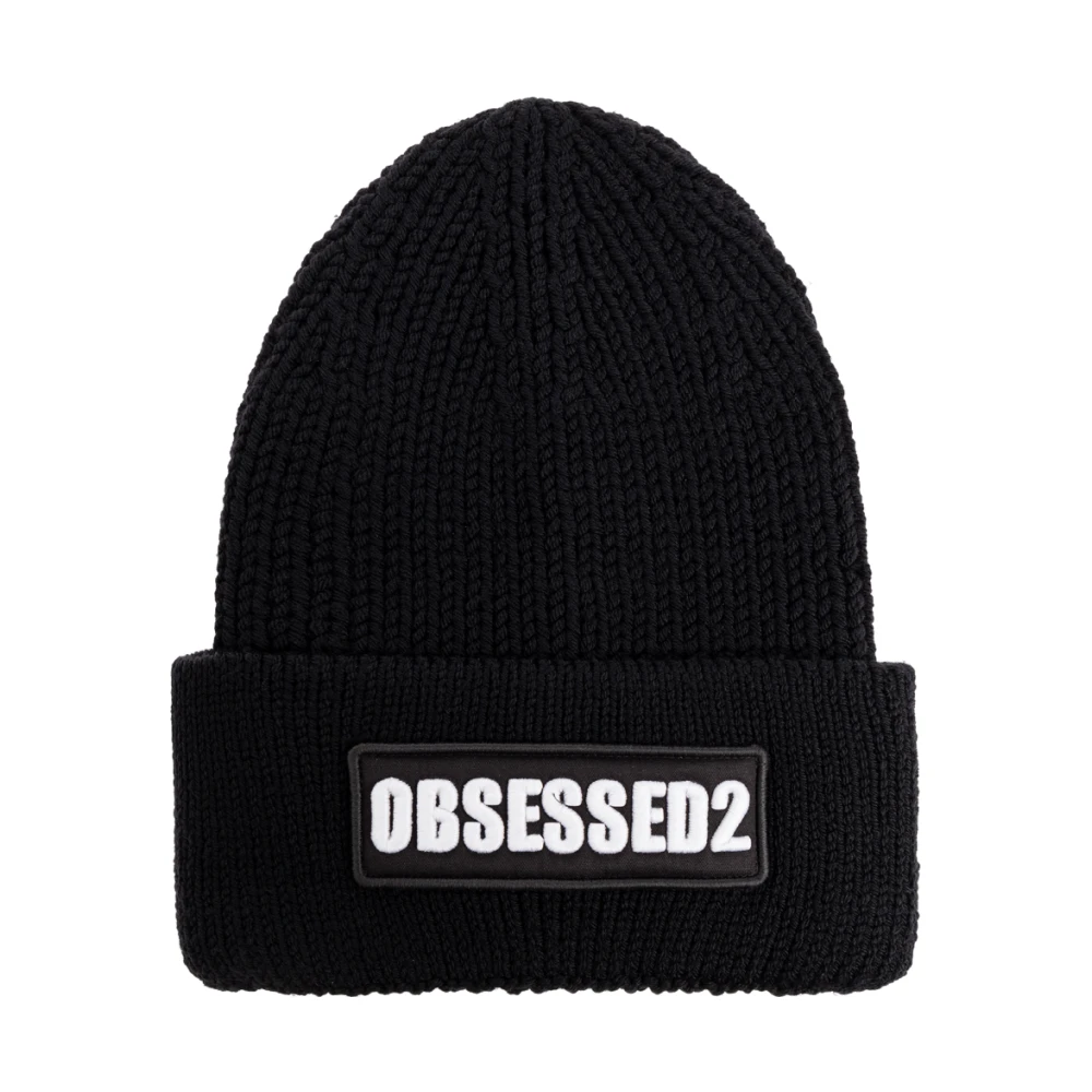 Dsquared2 Mannelijk Zwart Accessoires Heren, One Size, Wol, Wollen Muts Met Logo