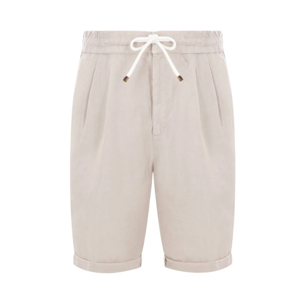 Brunello Cucinelli Beige Linne Gabardine Elastisk Midja Shorts Beige, Herr