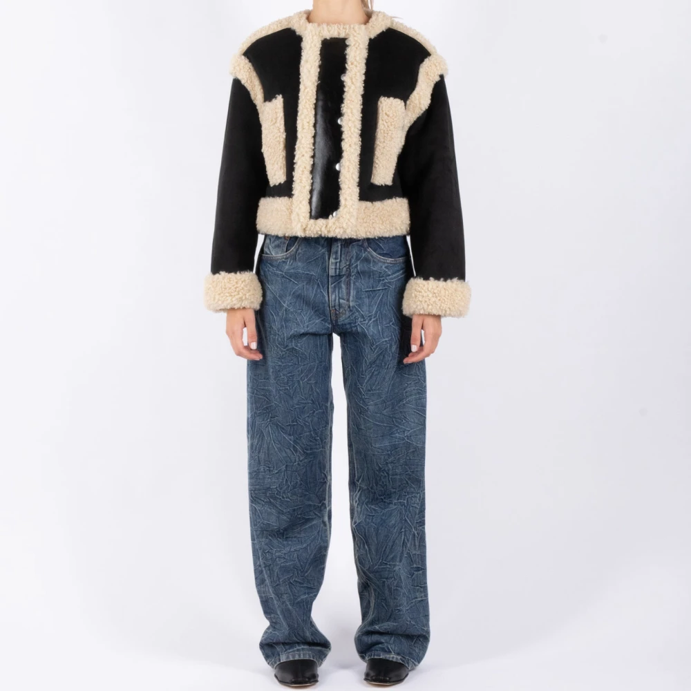 Stand Studio Shearling Jas Zwart Beige Multicolor Dames