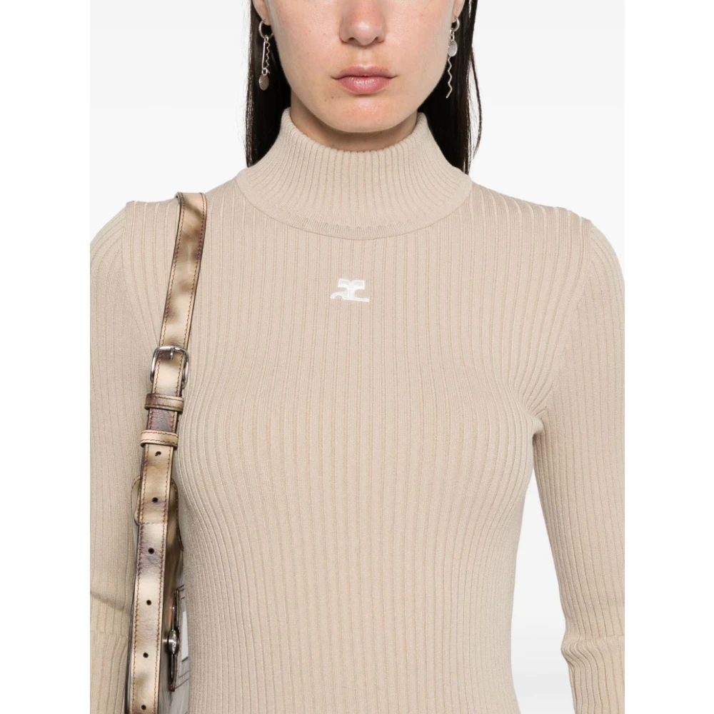 Courrèges Beige Ribgebreide Trui met Logopatch Beige Dames