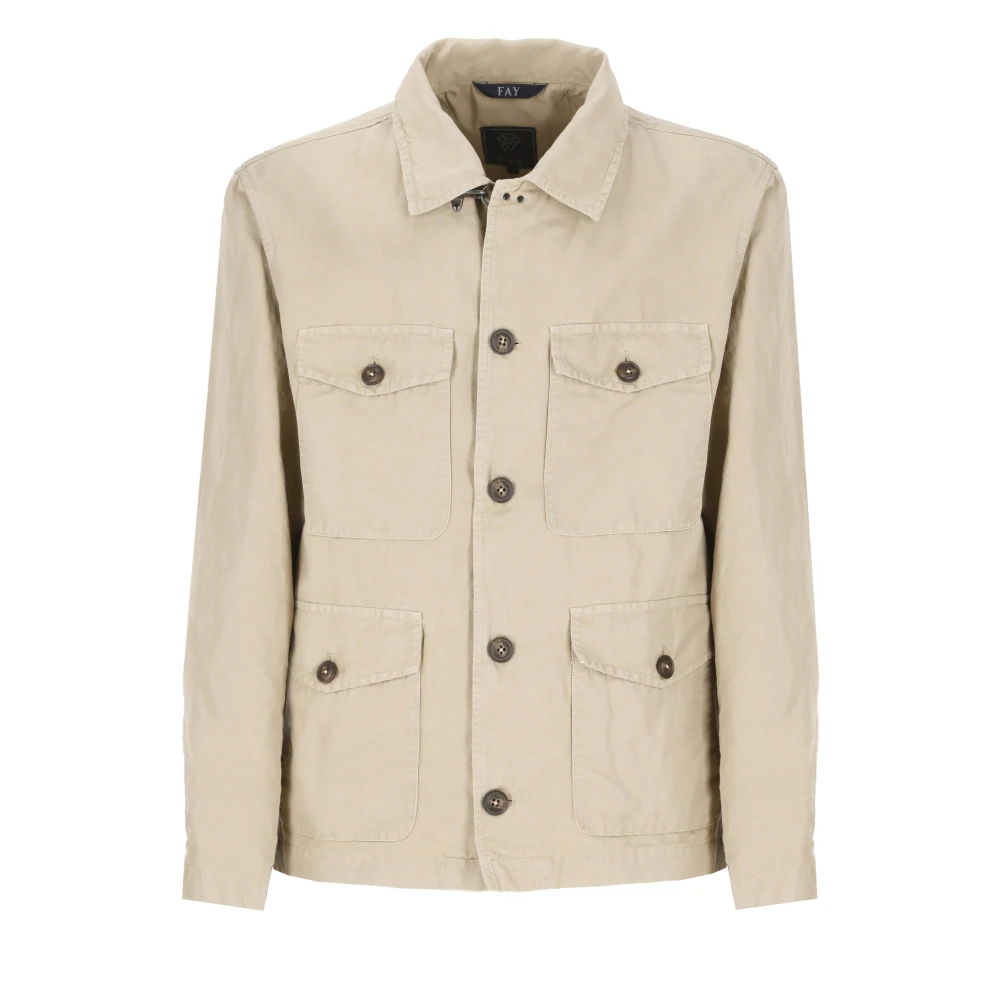 Fay Beige Linnen Katoenen Jas Kraag Lange Mouwen Beige Heren