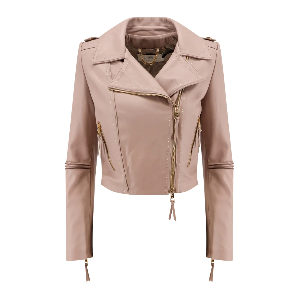 Elisabetta Franchi Gestikte leren jas met asymmetrische rits Pink Dames