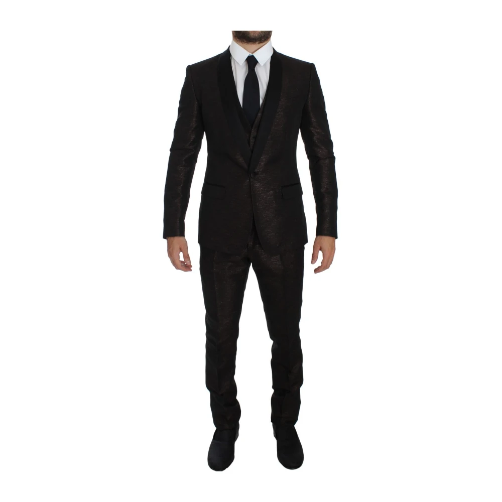 Dolce & Gabbana Luxe Bruin Zwart Glanzend 3-Delig Slim Fit Smoking Brown Heren