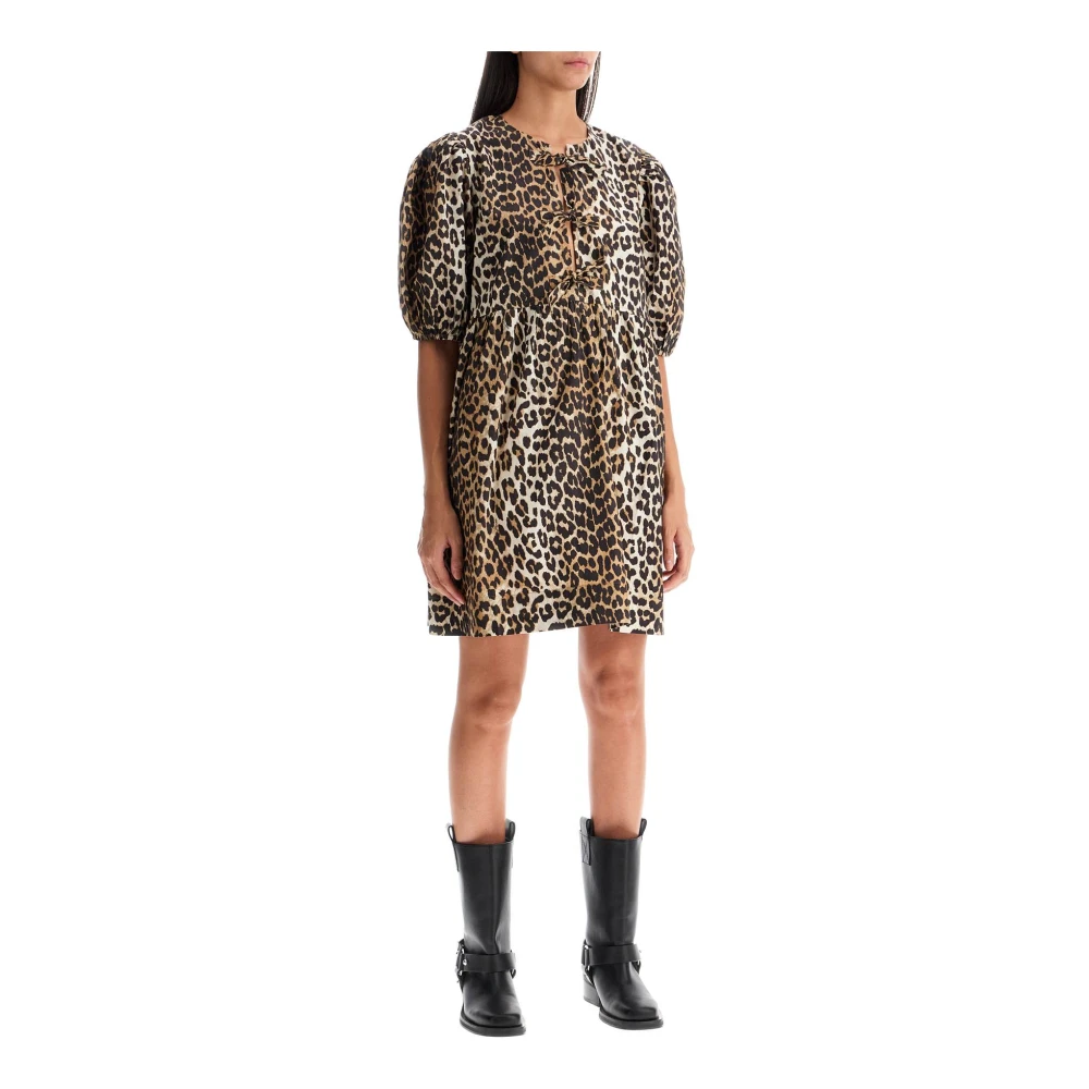 Ganni Luipaardprint Smocked Rok Jurk Beige Dames