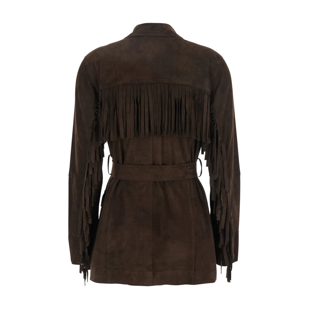 P.a.r.o.s.h. Donkerbruine Suède Jas met Franjes Brown Dames