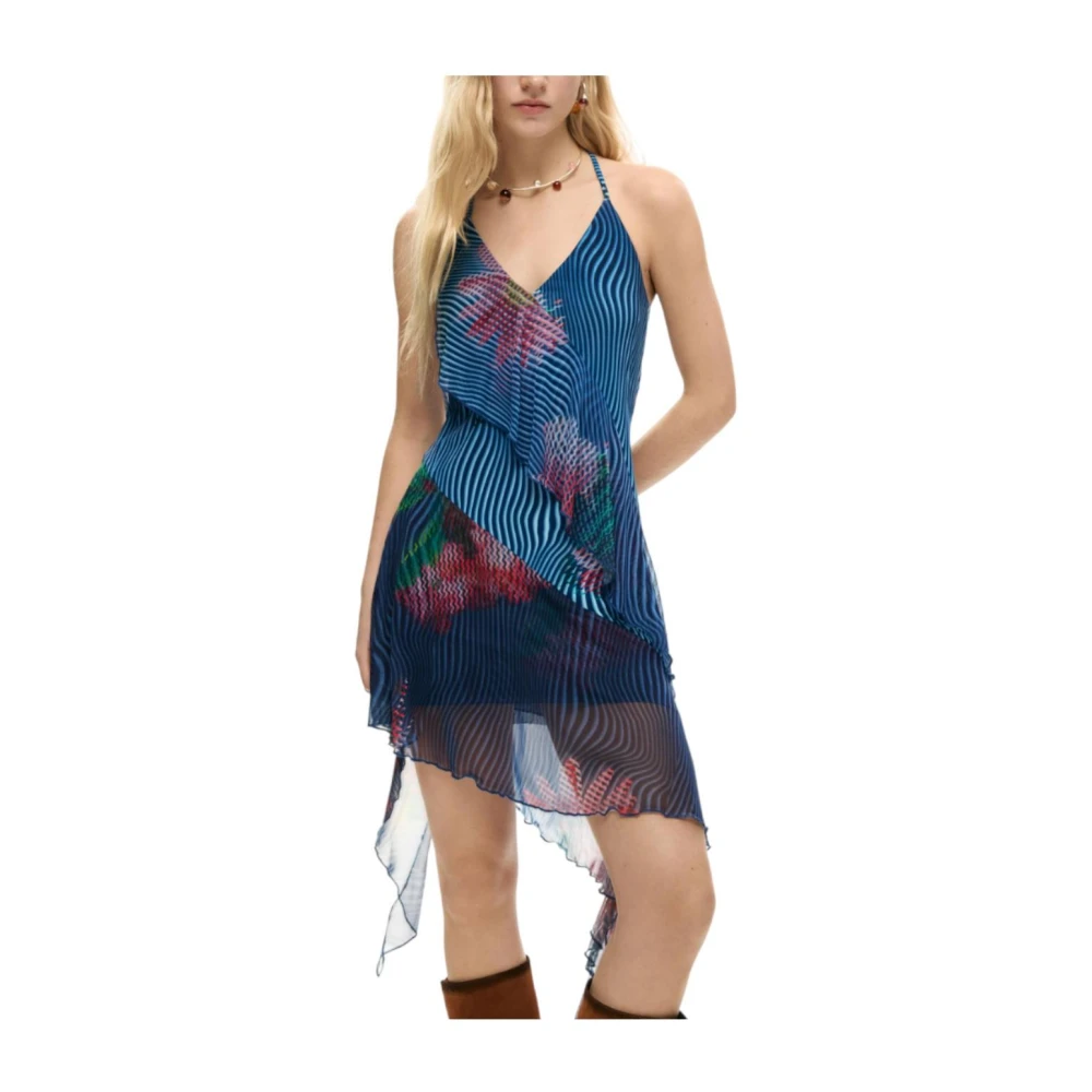 Desigual Multicolor Summer Dresses, Female, M, V-Neck Strappy Dress With Cascading Ruffles