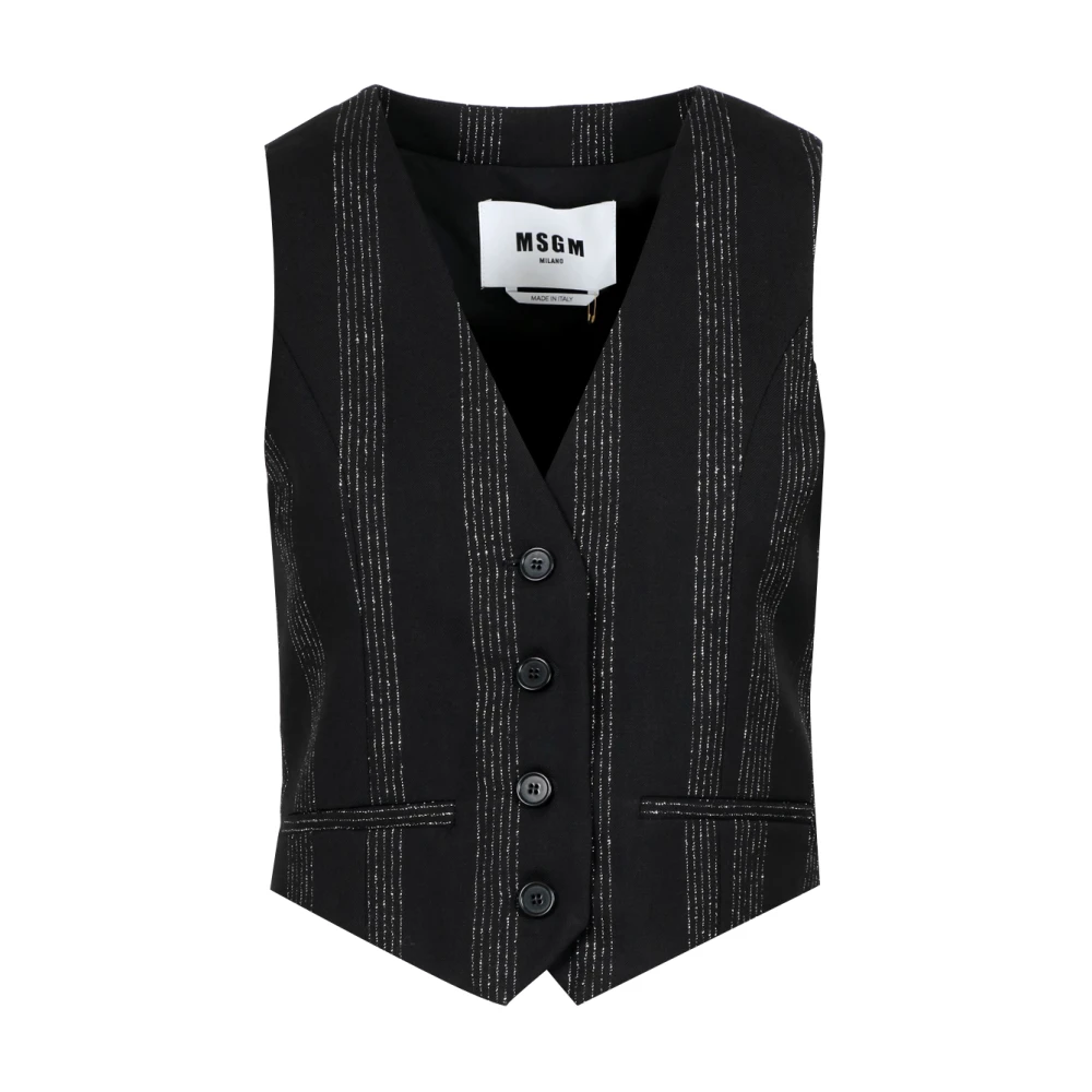 Msgm Zwarte Wollen V-hals Jas Pinstripe Black Dames