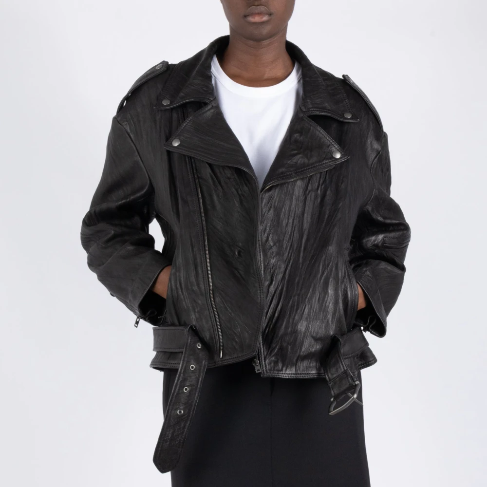 Acne Studios Verweerde Leren Bikerjas Black Dames