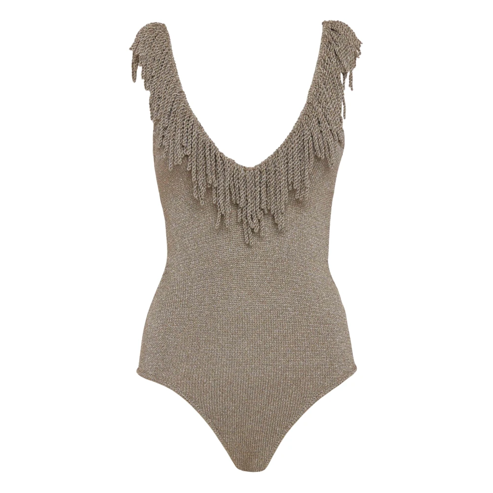Simona Corsellini Beige Full-Body, Female, S, Body In Maglia Con Scollo Profondo E Frangia Lurex
