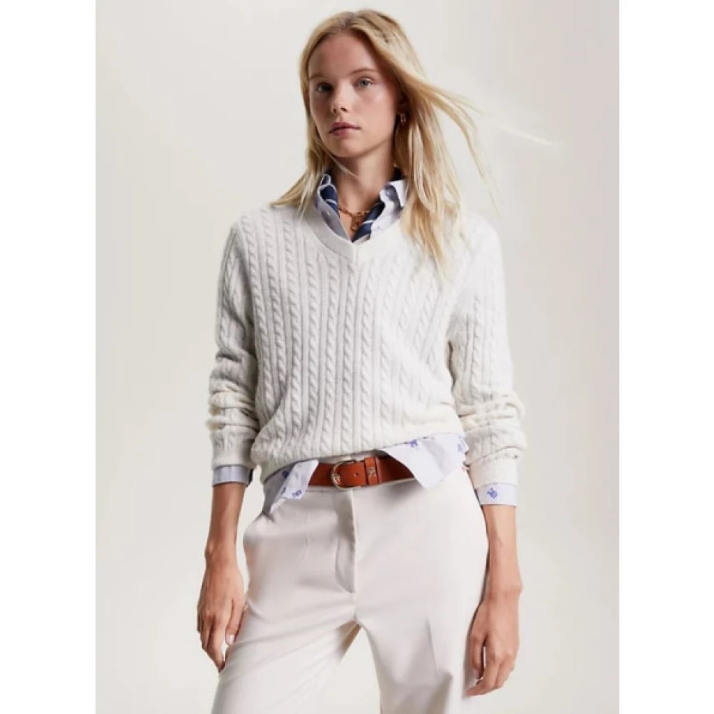 Tommy Hilfiger Gebreide V-hals Trui met Twists White Dames