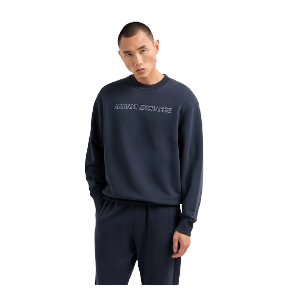 Armani Exchange Blauwe Stretch Interlock Sweater Logo Print Blue Heren