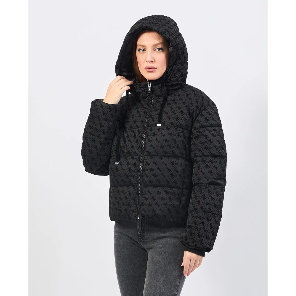 Guess Zwarte gewatteerde jas met fluwelen logo Black Dames