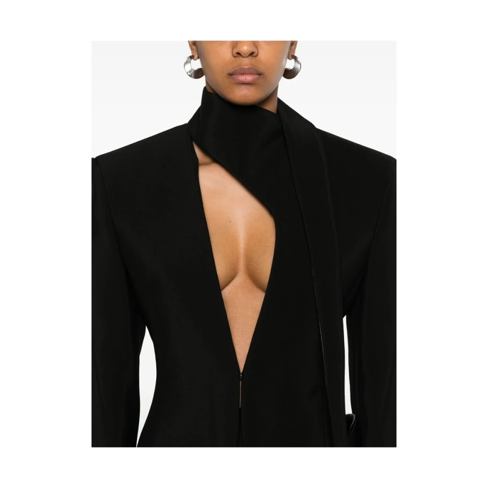 Mugler Zwarte Twill Weave Jas met Leren Afwerking Black Dames