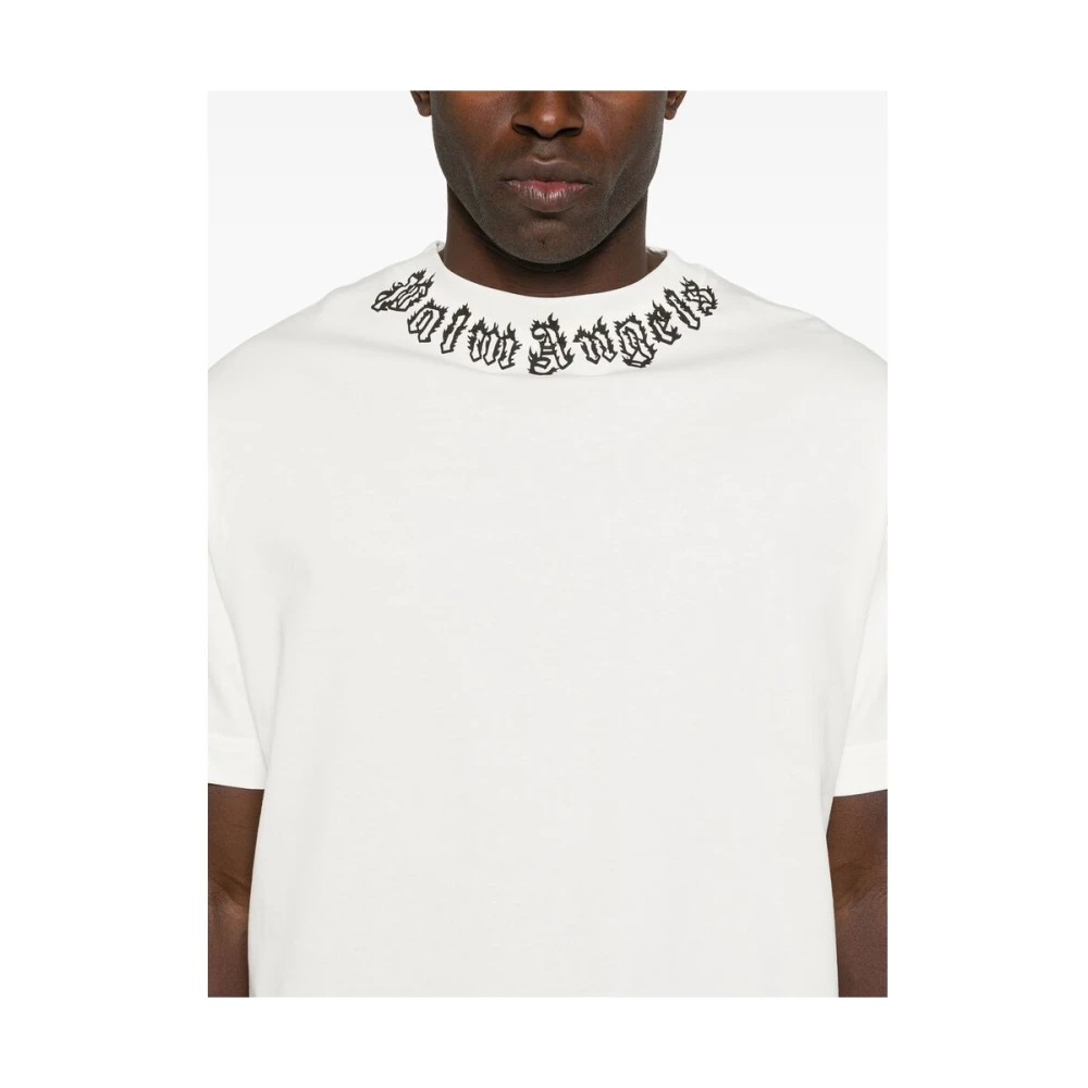 Palm Angels Wit Logo Print Crew Neck T-shirt White Heren