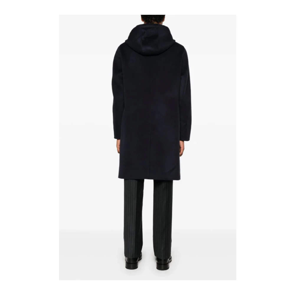 Lardini Blauwe Wol Trekkoord Hood Jas Blue Heren