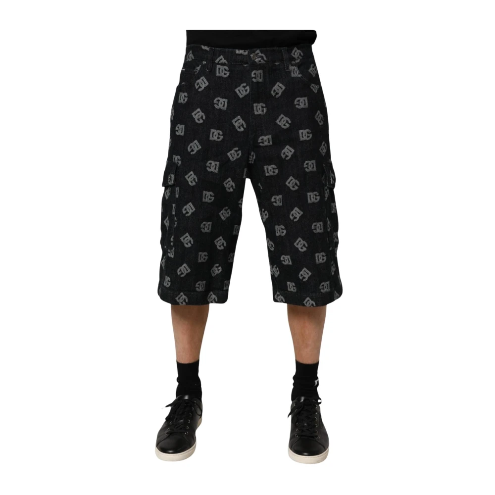 Dolce & Gabbana Black Denim Shorts, Male, M, Monogram Denim Cargo Bermuda Shorts