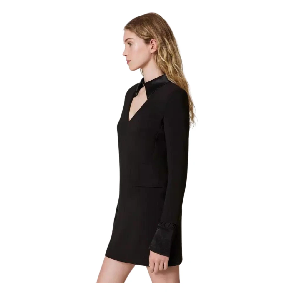 Twinset Zwarte Crêpe Jurk V-Hals Lange Mouw Black Dames