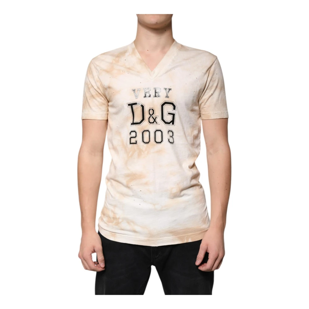 Dolce & Gabbana Beige Grafiskt Tryck V-ringad T-shirt Beige, Herr