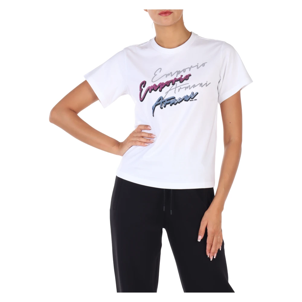 Emporio Armani Katoenen T-shirt met Strass Logo White Dames